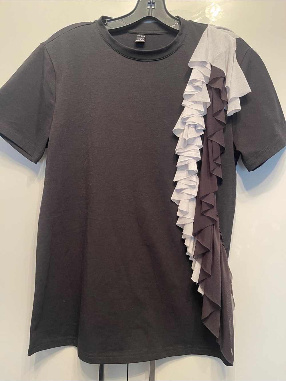 SHEIN Black Tee with Gray and Dark Brown Ruffle Detail